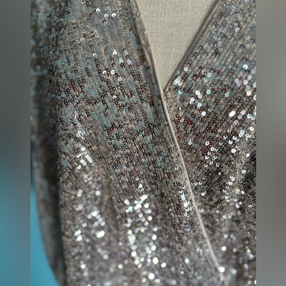 Express Silver Sequin V-Neck Wrap Bodysuit - Picture 9 of 13